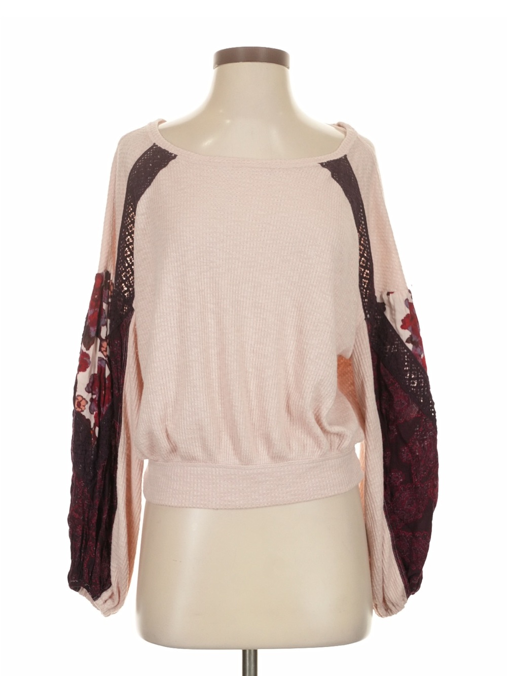 Free People Light Pink Sweater Top with Burgundy Floral Balloon Sleeves - Picture 2 of 3